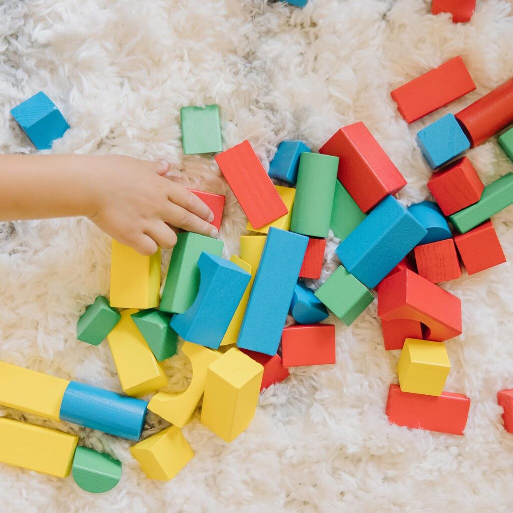 Melissa  Doug Wooden Building Blocks Set - 100 Blocks in 4 Colors and 9 Shapes Classic Kids Toys, Colored Wood For Toddlers Ages 2+ - FSC-Certified