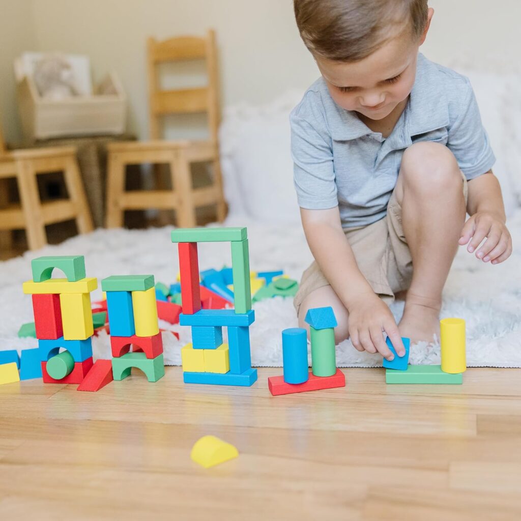 Melissa  Doug Wooden Building Blocks Set - 100 Blocks in 4 Colors and 9 Shapes Classic Kids Toys, Colored Wood For Toddlers Ages 2+ - FSC-Certified