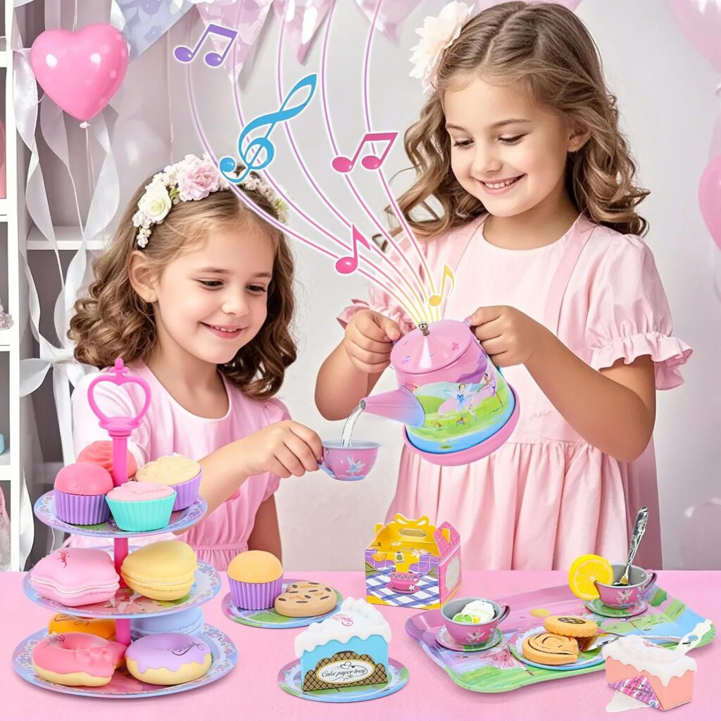 Tea Party Set for Little Girls,PRE-WORLD Princess Tea Time Toy Including Dessert,Cookies,Doughnut,Teapot Tray Cake, Tablecloth  Carrying Case,Kids Kitchen Pretend Play for Girls Boys Age 3-6