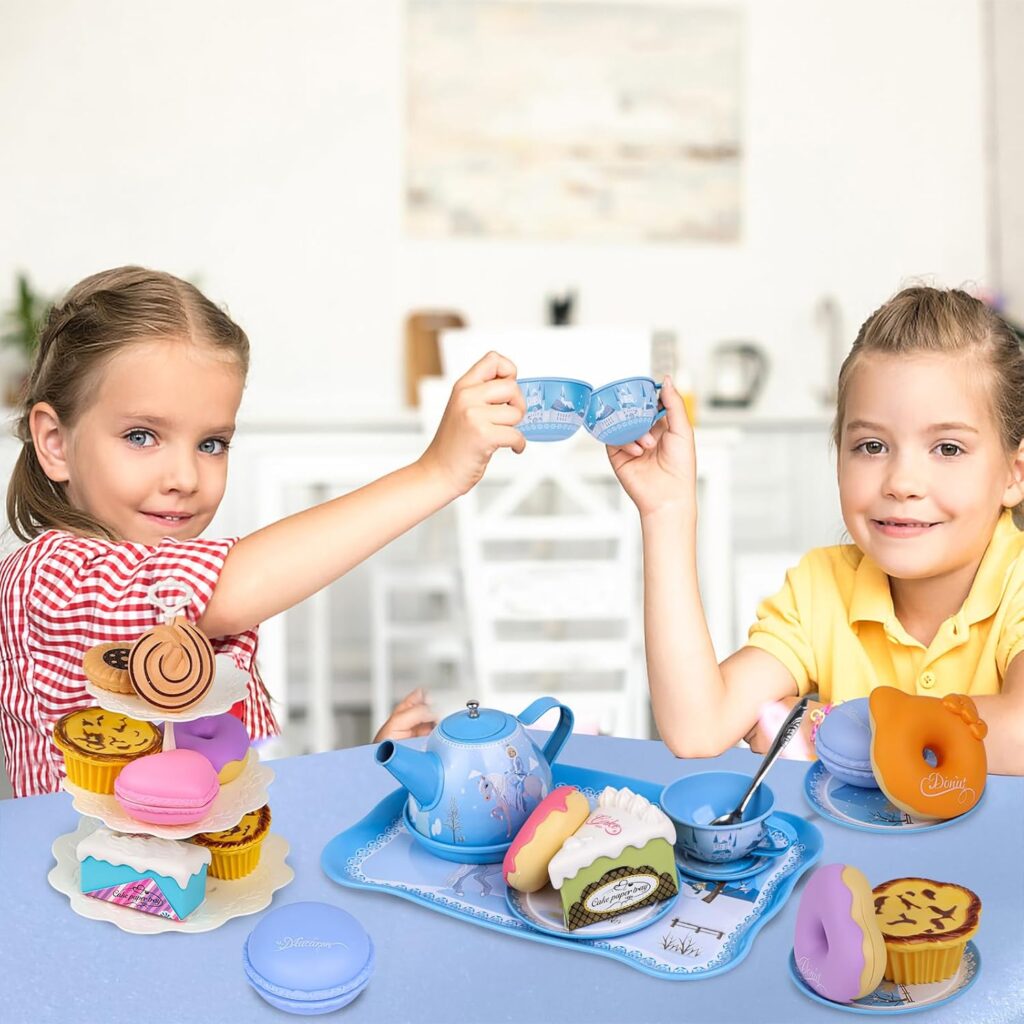 Tea Party Set for Little Girls,PRE-WORLD Princess Tea Time Toy Including Dessert,Cookies,Doughnut,Teapot Tray Cake, Tablecloth  Carrying Case,Kids Kitchen Pretend Play for Girls Boys Age 3-6