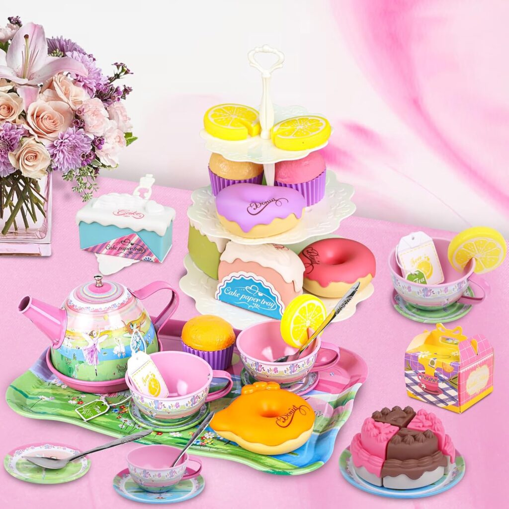 Tea Party Set for Little Girls,PRE-WORLD Princess Tea Time Toy Including Dessert,Cookies,Doughnut,Teapot Tray Cake, Tablecloth  Carrying Case,Kids Kitchen Pretend Play for Girls Boys Age 3-6