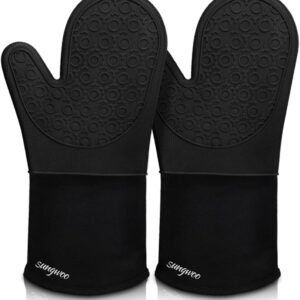 sungwoo Silicone Oven Mitts Heat Resistant Oven Gloves with Quilted Liner Non-Slip Textured Grip Perfect for BBQ, Baking, Cooking and Grilling - 1 Pair 13.8 Inch Black