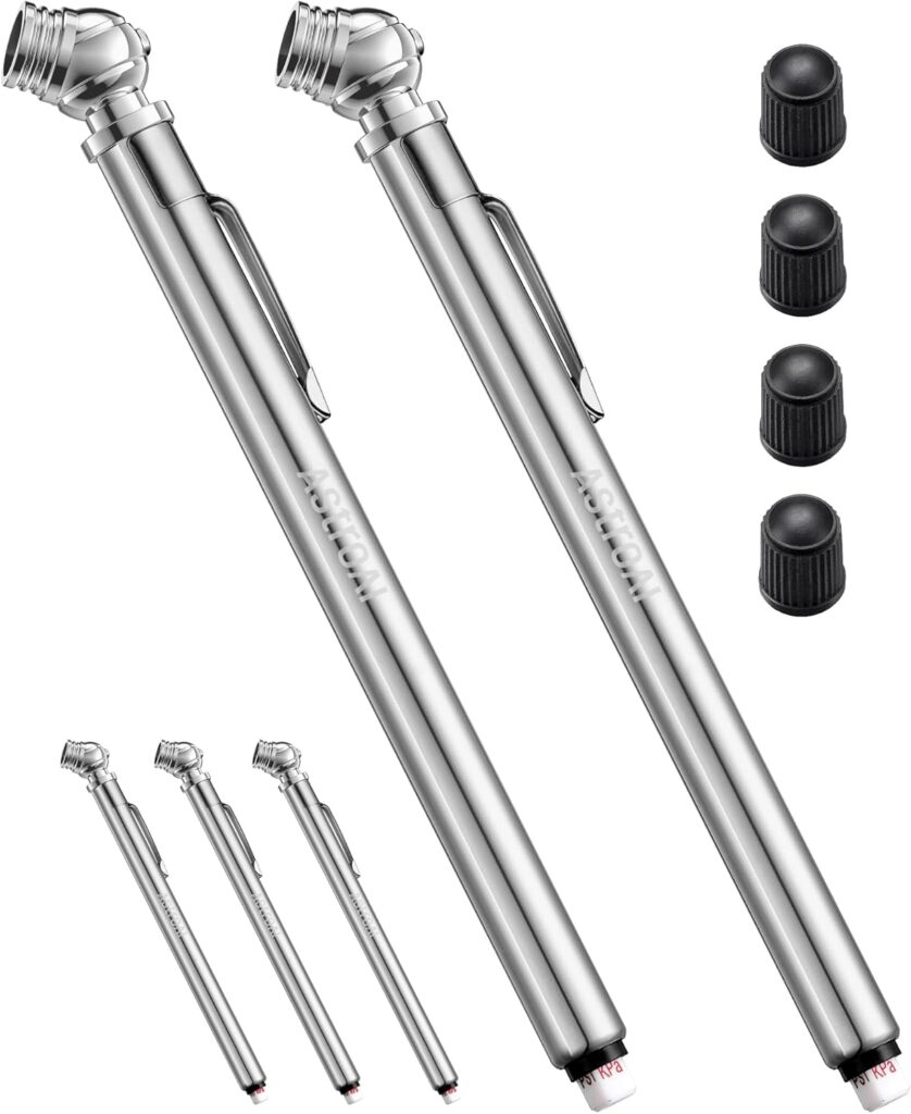 AstroAI Pencil Tire Pressure Gauge 2 Pack 10-75PSI, Calibrated to ANSI B40.1 Grade B (2%), Stainless Steel Body, Metal Made Nozzle 3 Measurements for Cars, Bikes, Vehicles
