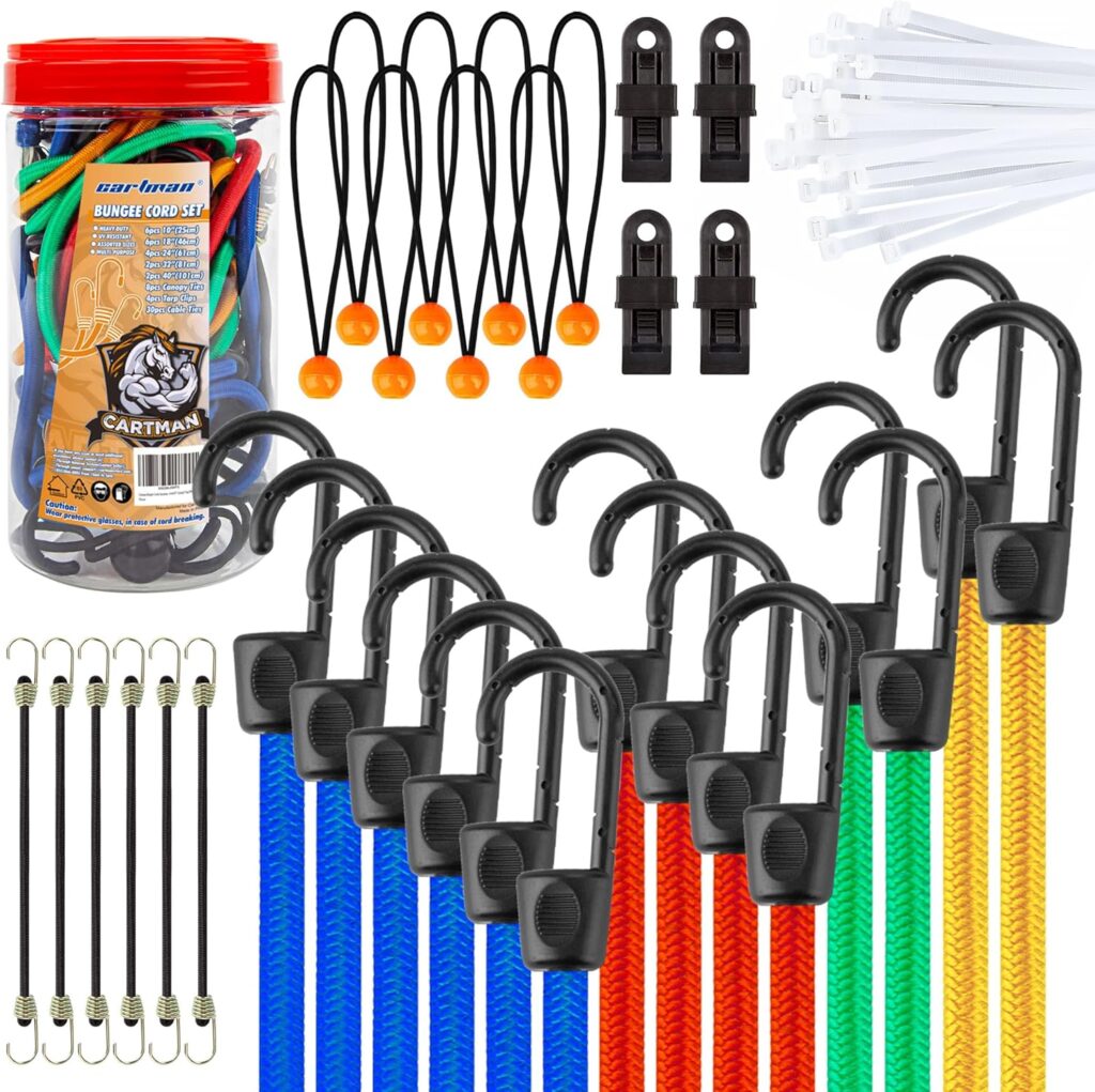 Cartman 32 Piece Bungee Cords Assortment Jar Includes 10 18 24 32 40 Bungee Cord with Hooks, 8 Canopy Tarp Ball Ties and Tarp Clips