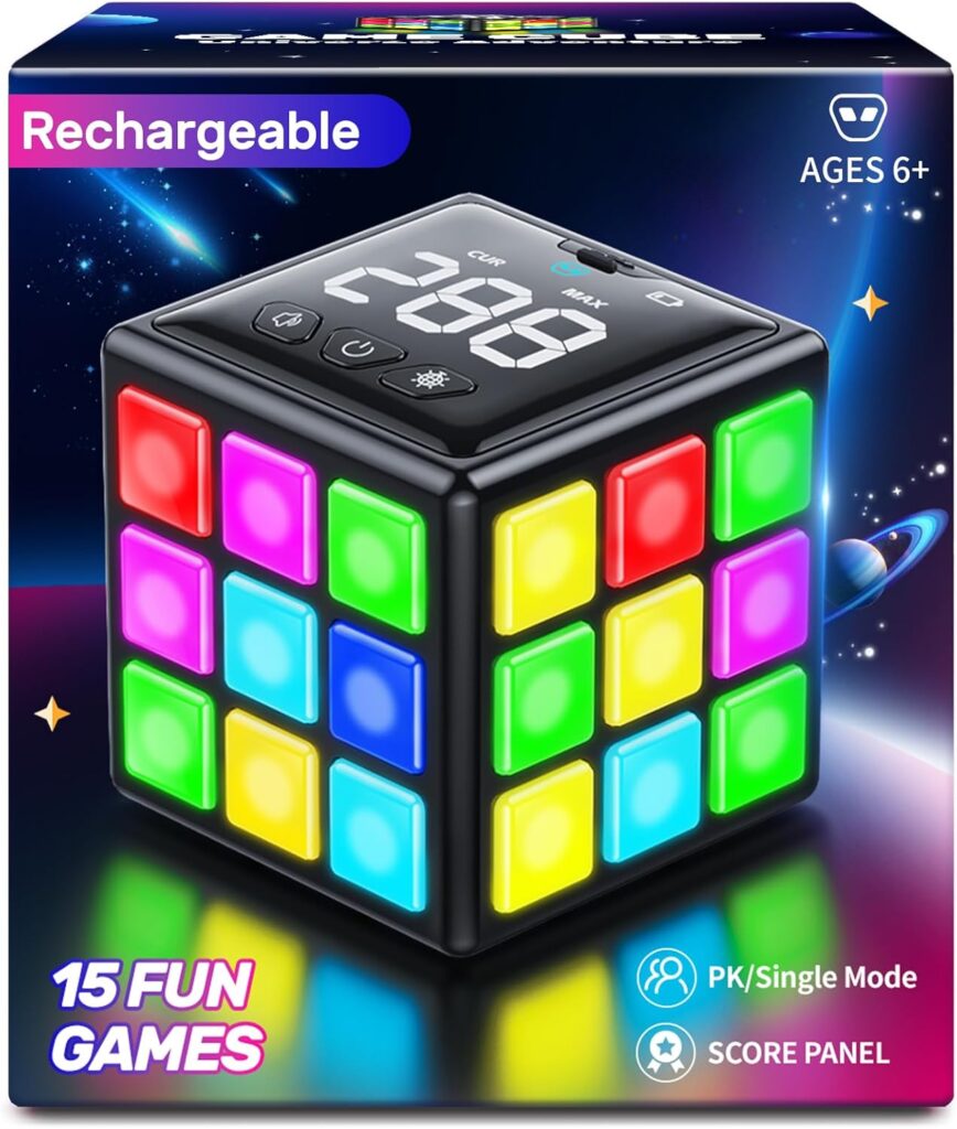 Rechargeable Puzzle Cube with Games - 15-in-1 Fun Brain Memory  Speed Games for Kids Teens - Christmas Easter Birthday Gifts for Boys Girls Ages 6-12+ Years Old with Score Screen (Black)