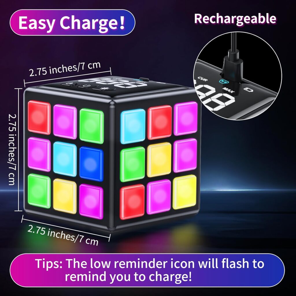 Rechargeable Puzzle Cube with Games - 15-in-1 Fun Brain Memory  Speed Games for Kids Teens - Christmas Easter Birthday Gifts for Boys Girls Ages 6-12+ Years Old with Score Screen (Black)