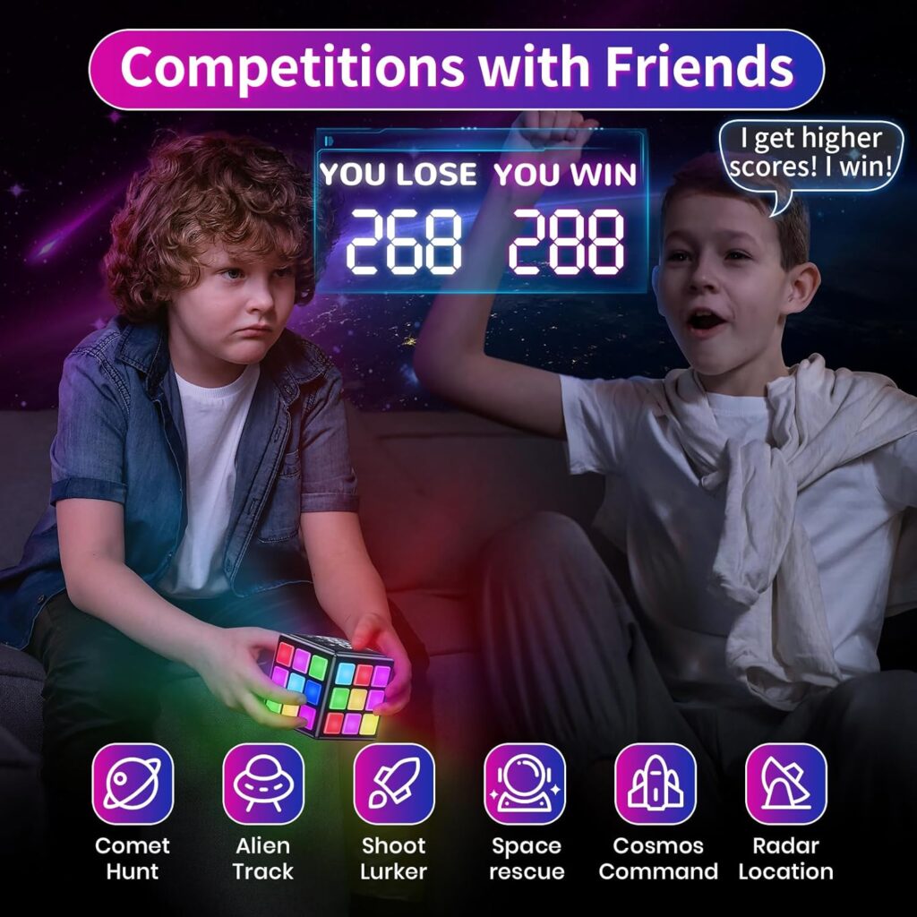 Rechargeable Puzzle Cube with Games - 15-in-1 Fun Brain Memory  Speed Games for Kids Teens - Christmas Easter Birthday Gifts for Boys Girls Ages 6-12+ Years Old with Score Screen (Black)