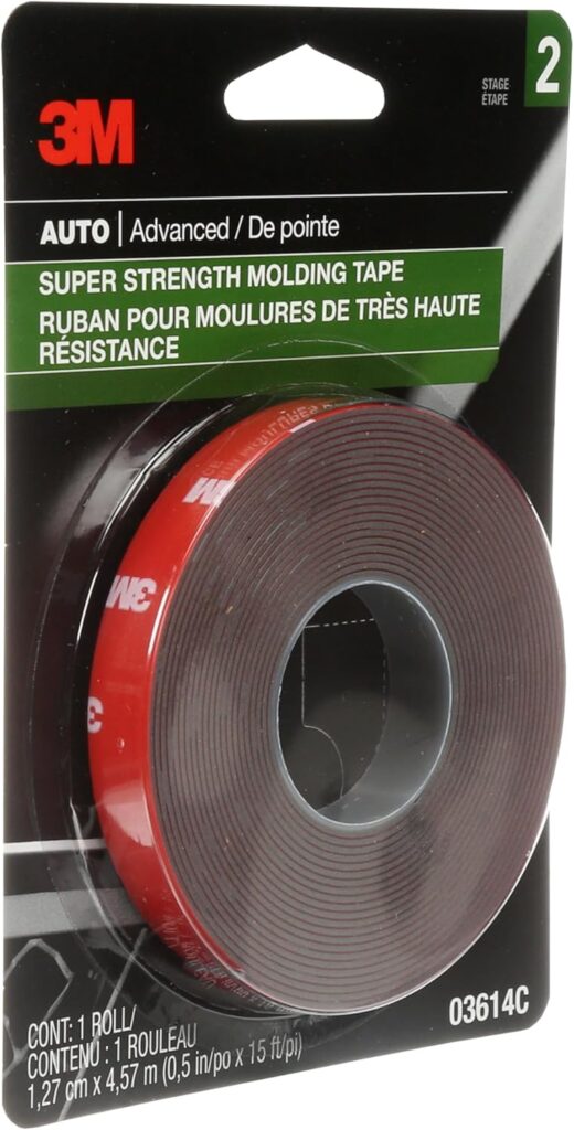3M Super-Strength Molding Tape, 1/2 in x 15 ft, High Strength Double-Sided Adhesive, Permanently Attaches Side Moldings, Trim and Emblems to Interior and Exterior of Vehicles (03614)