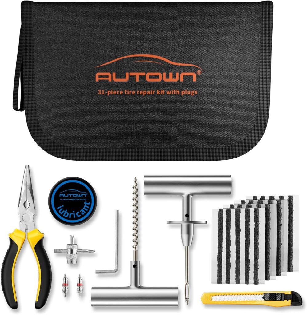 AUTOWN Flat Tire Repair Kit with Plugs 31 Pcs for Car, Motorcycle, ATV, Jeep, Truck, Tractor Flat Tire Puncture Repair