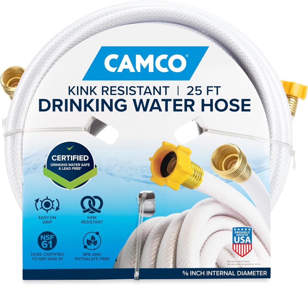Camco TastePURE 25-Ft Water Hose - RV Drinking Water Hose Contains No Lead, No BPA  No Phthalate - Features Diamond-Hatch Reinforced PVC Design - 5/8” Inside Diameter, Made in the USA (22783)