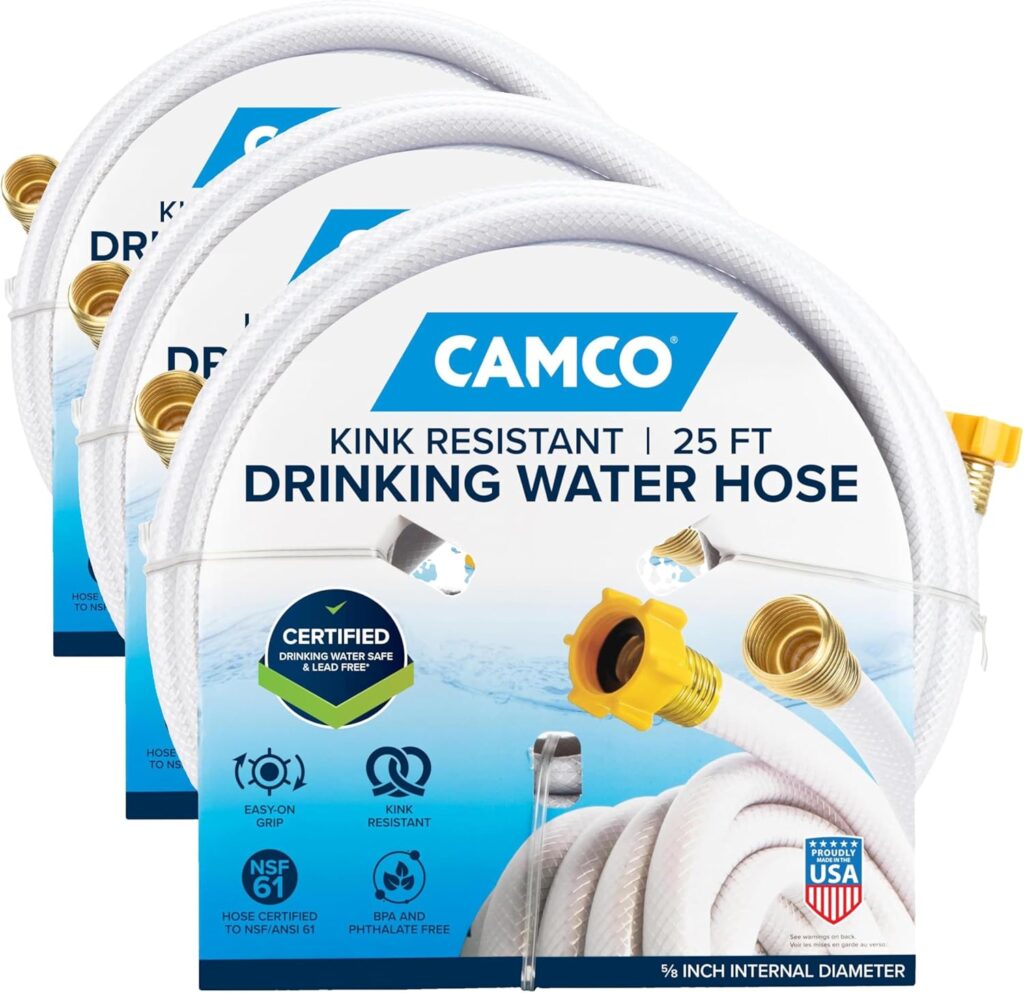 Camco TastePURE 25-Ft Water Hose - RV Drinking Water Hose Contains No Lead, No BPA  No Phthalate - Features Diamond-Hatch Reinforced PVC Design - 5/8” Inside Diameter, Made in the USA (22783)