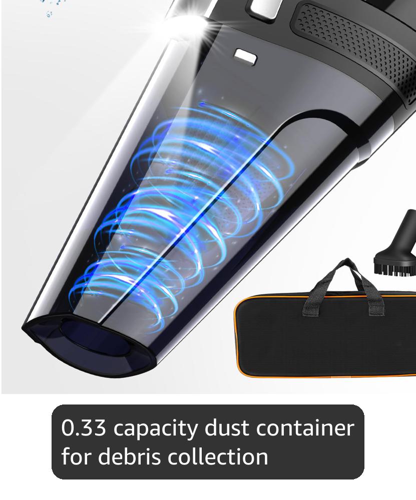 Car Vacuum, Portable Car Vacuum Cleaner with 7000PA Suction, DC 12V High Power 16.4Ft Cord Wired Vacuum Cleaner for Car, LED Light, Lightweight, 0.33L Capacity, Storage Bag, Black, VC008C