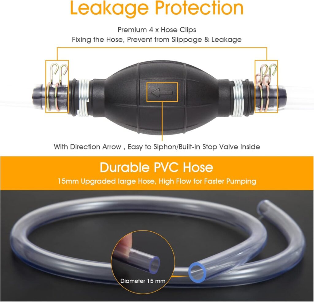 Gasoline Siphon Hose Pump, Hand Fuel Transfer Pump, High Flow Gas Siphon Pump for water Gasoline Oil Petrol Diesel, Manual Fuel Pump with 2 Premium PVC Hoses