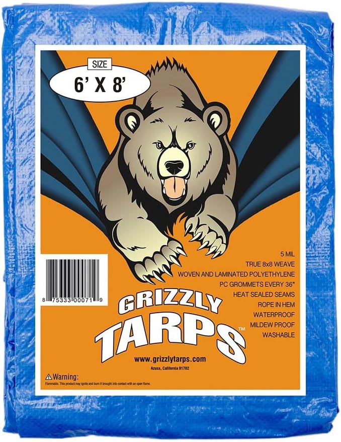 Grizzly Tarps by B-Air 6 x 8 Large Multi-Purpose Waterproof Heavy Duty Poly Tarp with Grommets Every 36, 8x8 Weave, 5 Mil Thick, For Home, Boats, Cars, Camping, Protective Cover, Blue