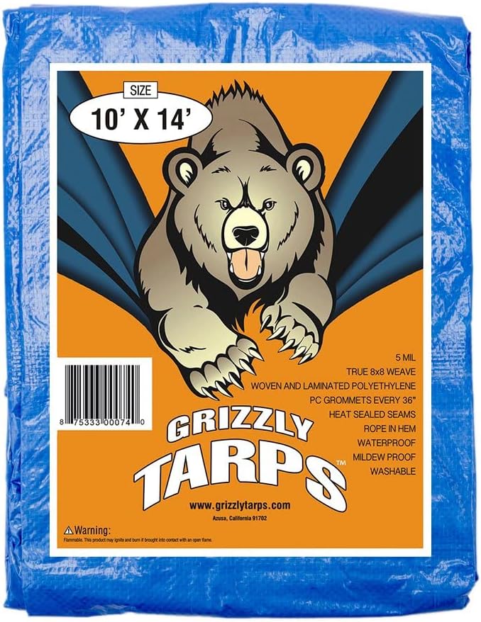 Grizzly Tarps by B-Air 6 x 8 Large Multi-Purpose Waterproof Heavy Duty Poly Tarp with Grommets Every 36, 8x8 Weave, 5 Mil Thick, For Home, Boats, Cars, Camping, Protective Cover, Blue