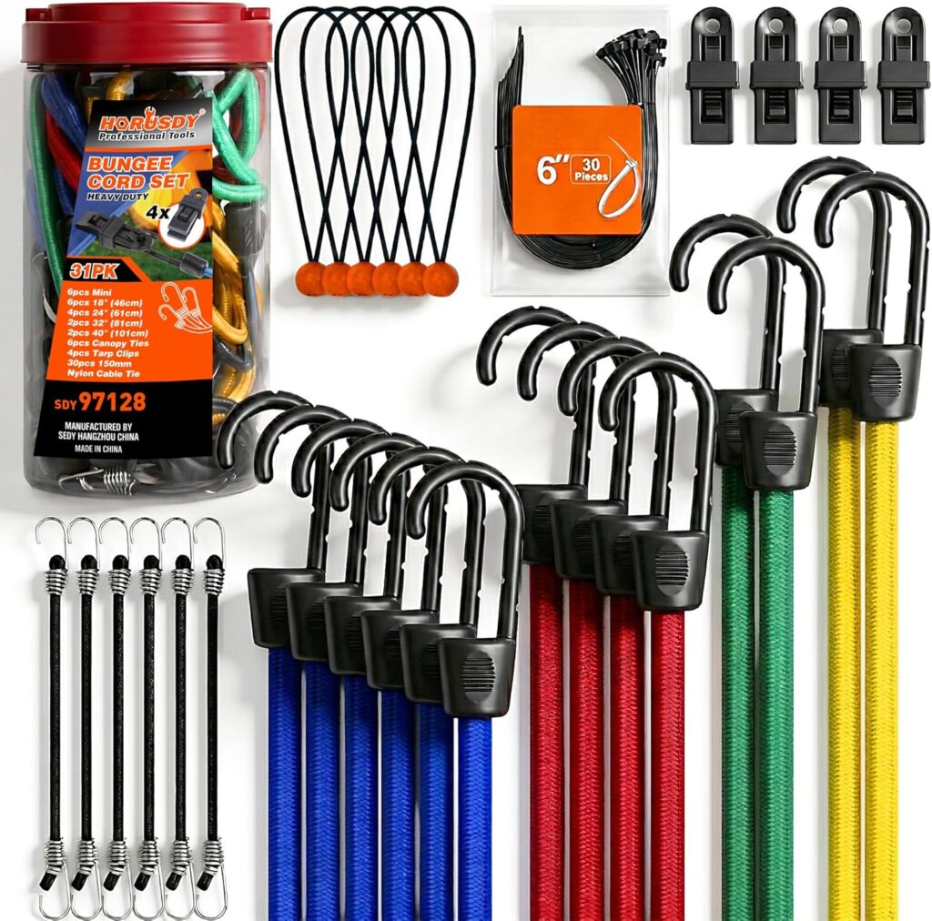 HORUSDY 31-Piece Premium Bungee Cords Assortment Jar, Includes 10”,18”,24”,32”,40” Bungee Cords, 6“ Zip Ties, 8”Canopy/Tarp Ball Ties and Crocodile Mouth Tarp Clips