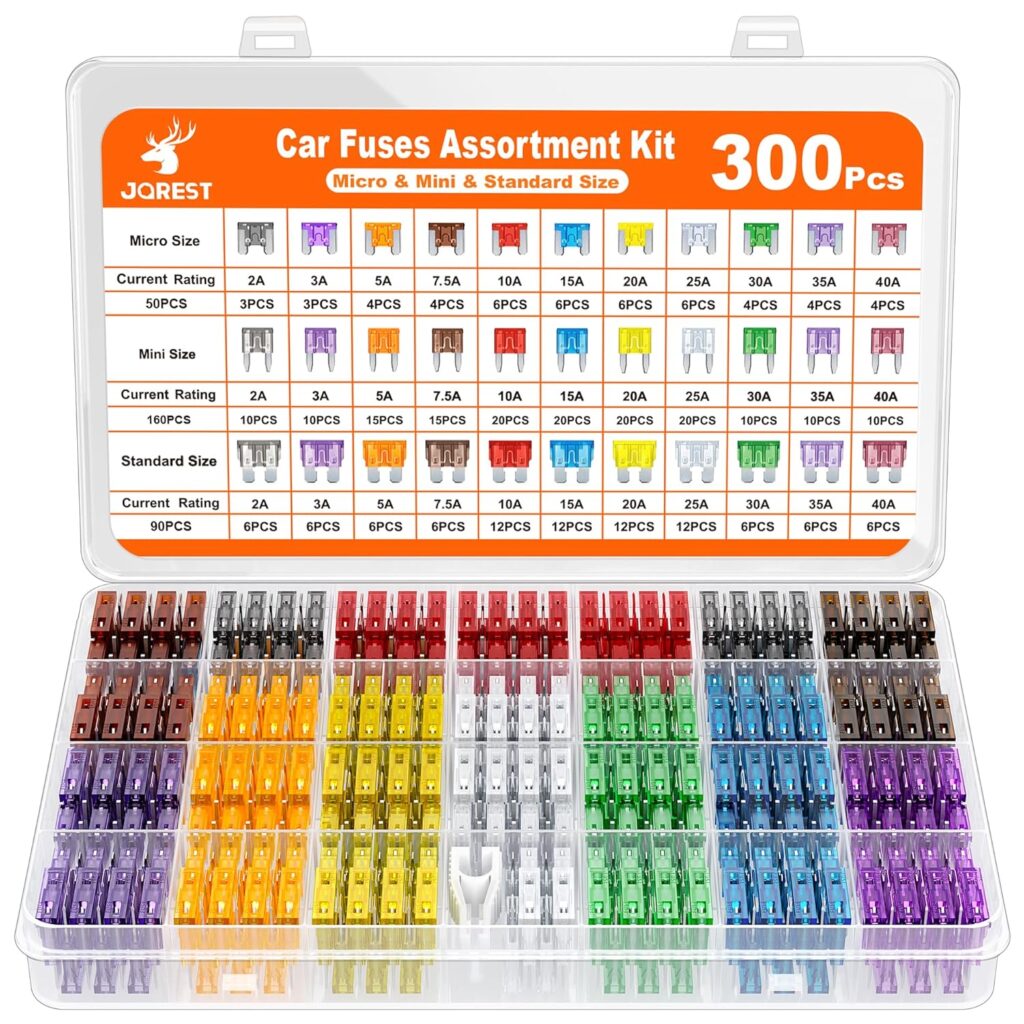 JOREST 300Pcs Car Fuse Assortment Kit, 160 Mini Blade Fuses Automotive + 90 Standard Auto Fuses + 50 Micro + Puller – Replacement for RV Camper Boat Truck (2Amp 3A 5A 7.5A 10A 15A 20A 25A 30A 35A 40A)