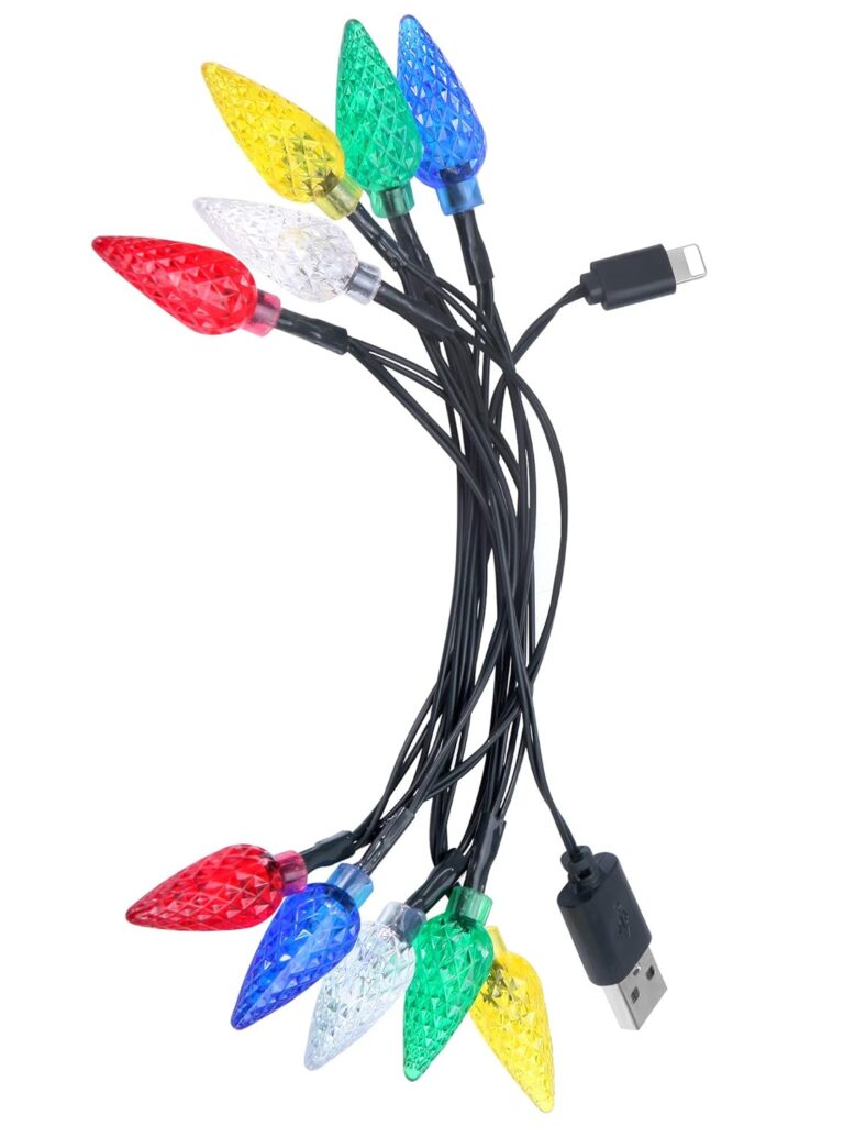 LED Christmas Light Phone Charger Cord USB Charging Cable Gift for Phone 14/13/12/11 Pro/XS/XS Max/XR/X/8 Plus/ 8/7 Plus/7s Plus/6s/6/5s/5c/5Pad with 10 Lights Christmas Decorations (1, Black)
