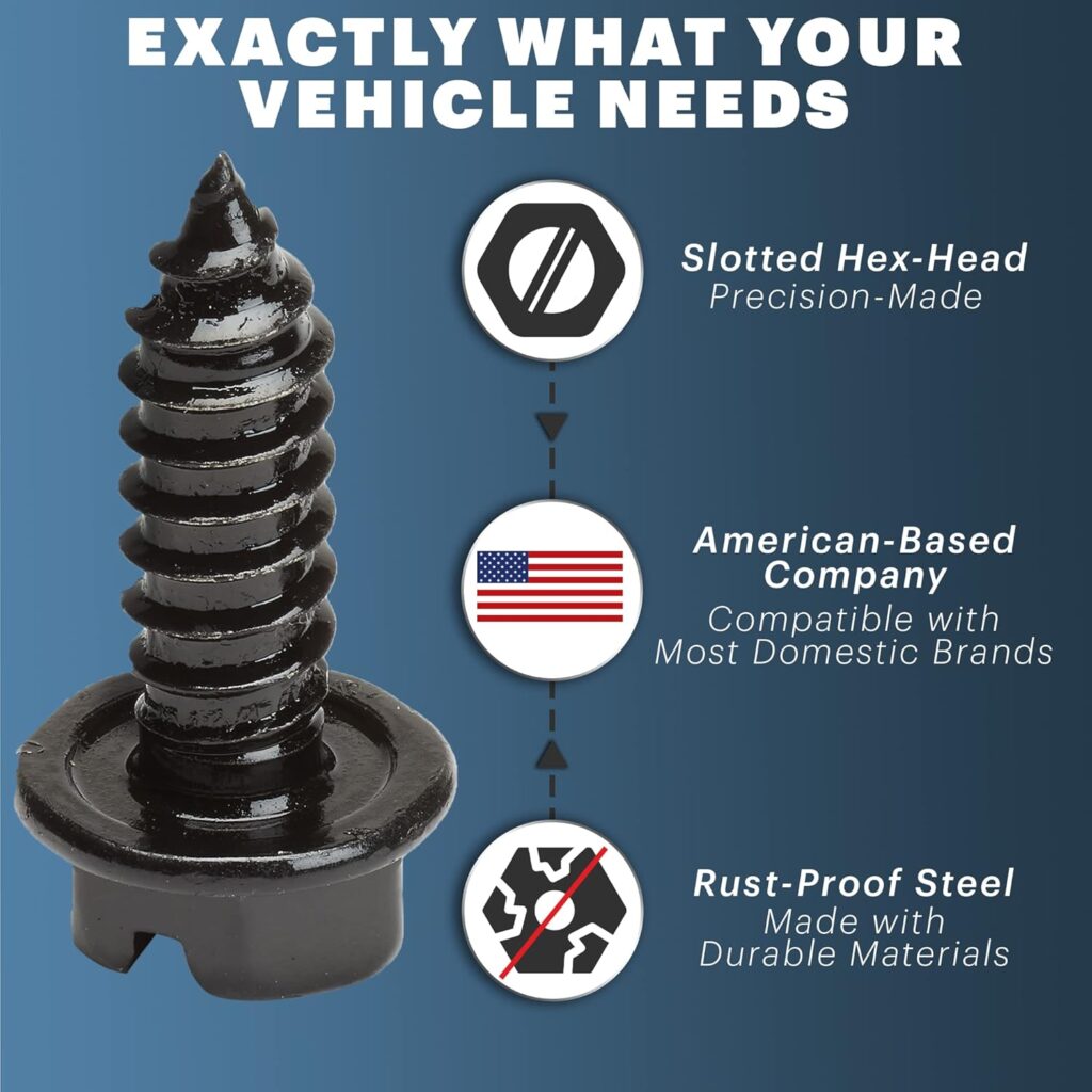 License Plate Screws with Rustproof Finish - License Plate Screw Kit for Front  Rear Plates - License Plate Bolts for Domestic Vehicles - Stainless Steel Screws for License Plates (4-Pack, Black)