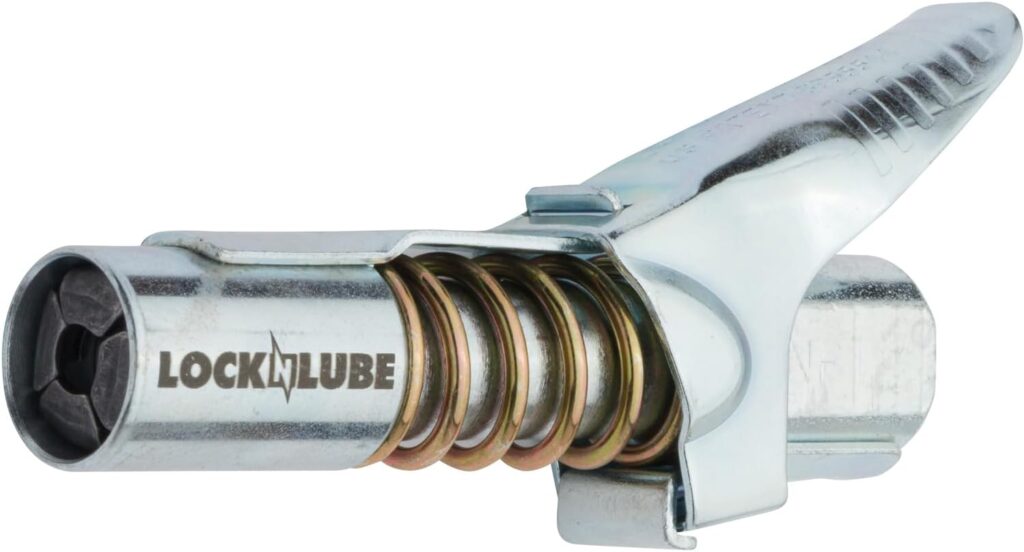 LockNLube Grease Gun Coupler locks onto Zerk fittings. Grease goes in, not on the machine. Worlds best-selling original locking grease coupler. Rated 10,000 PSI. Long-lasting rebuildable tool.