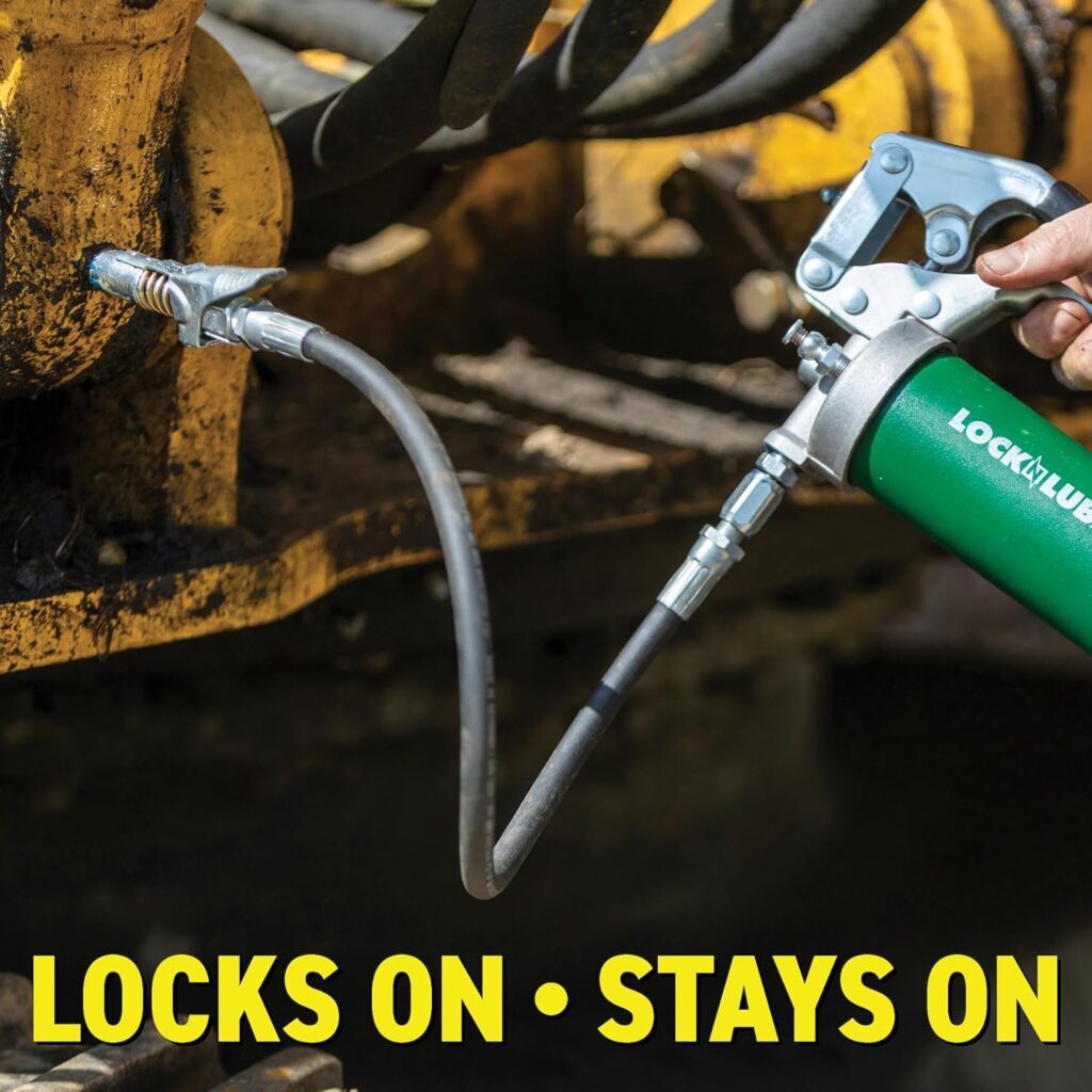 LockNLube Grease Gun Coupler locks onto Zerk fittings. Grease goes in, not on the machine. Worlds best-selling original locking grease coupler. Rated 10,000 PSI. Long-lasting rebuildable tool.