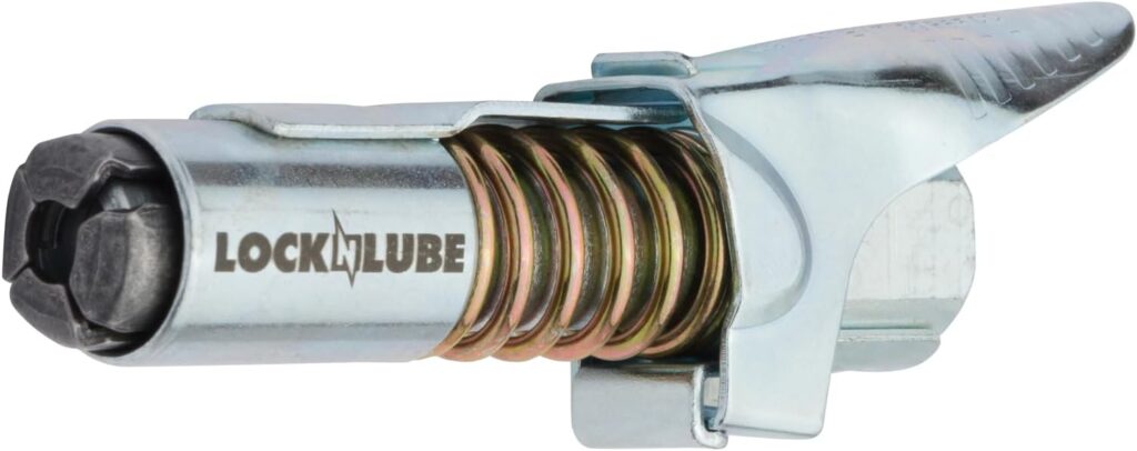 LockNLube Grease Gun Coupler locks onto Zerk fittings. Grease goes in, not on the machine. Worlds best-selling original locking grease coupler. Rated 10,000 PSI. Long-lasting rebuildable tool.