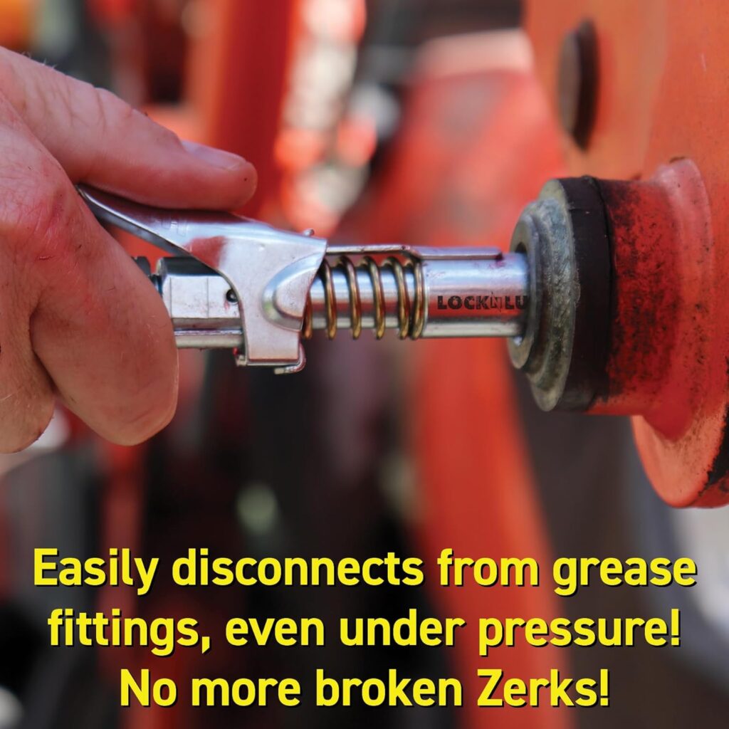 LockNLube Grease Gun Coupler locks onto Zerk fittings. Grease goes in, not on the machine. Worlds best-selling original locking grease coupler. Rated 10,000 PSI. Long-lasting rebuildable tool.