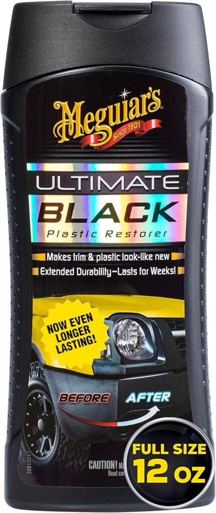 Meguiars Ultimate Black Plastic Restorer, Durable Car Restorer for Faded Black Plastic, Vinyl, and Rubber, Restores Deep Color and Shine, for Car Guys, 12 Oz