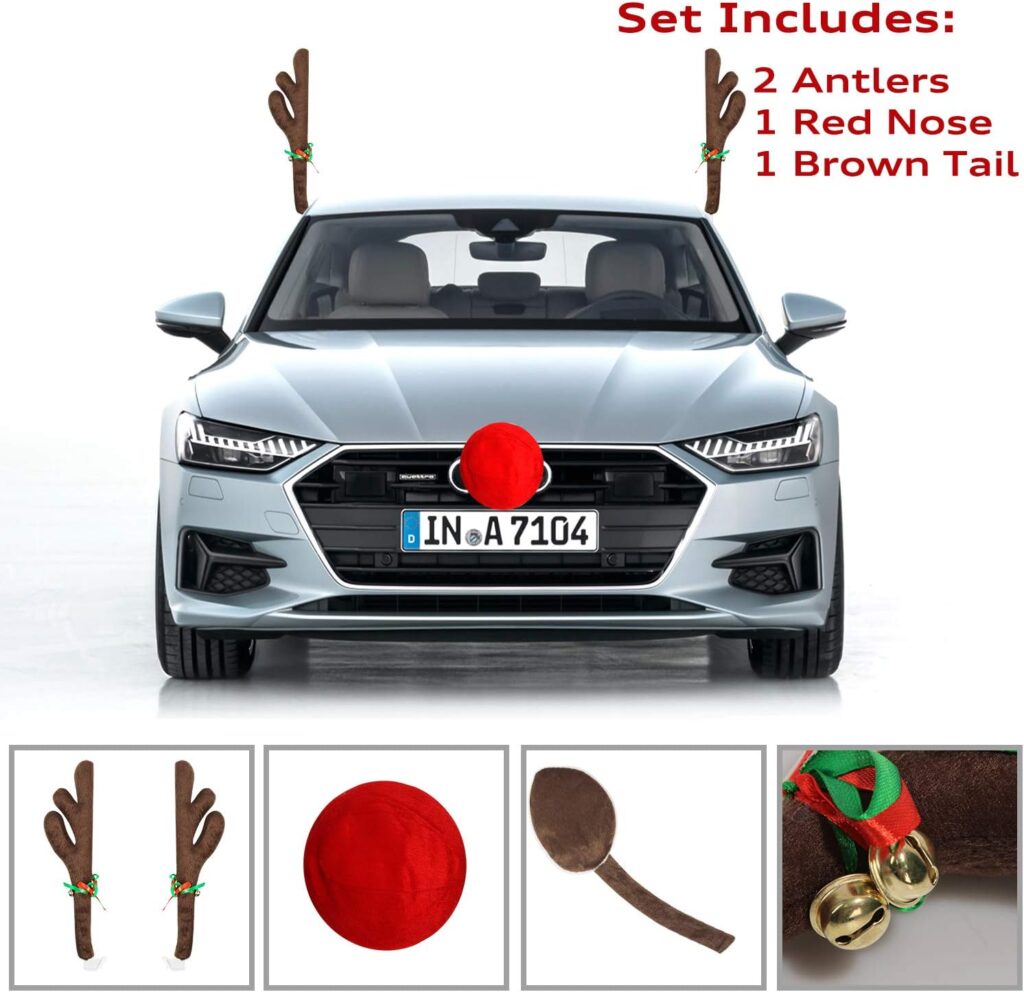 MOMONI Premium Reindeer Car Kit Antlers, Nose, Tail- Rudolph Set Reindeer Christmas Decoration Car Costume Auto Accessories