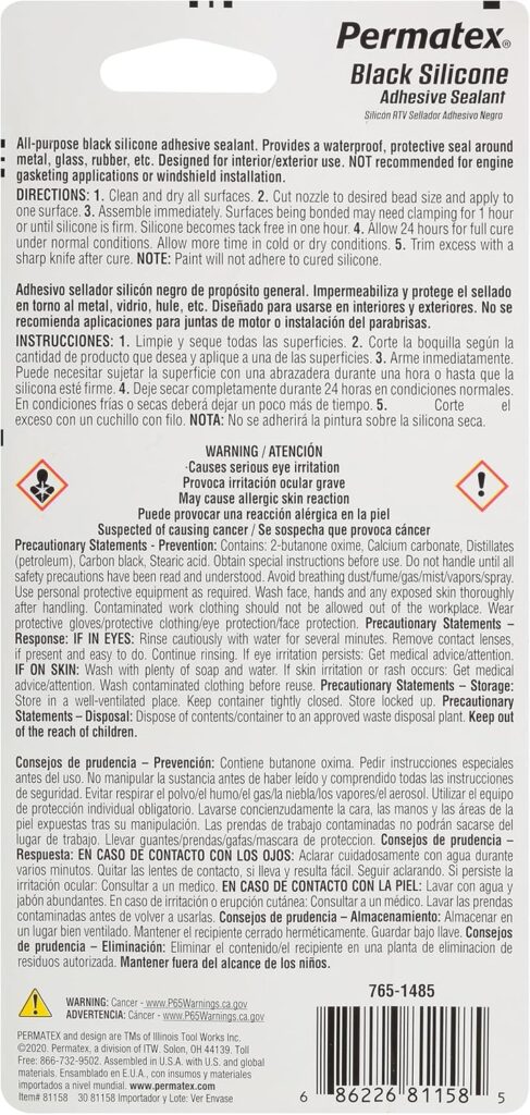 Permatex 81158 Black Silicone Adhesive Sealant, 3 oz. Tube, Pack of 1