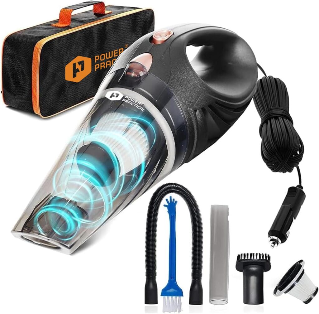THISWORX Car Vacuum Cleaner - Portable, High Power, Handheld Vacuums w/ 3 Attachments, 16 Ft Cord  Bag - 12v, Auto Accessories Kit for Interior Detailing - Black