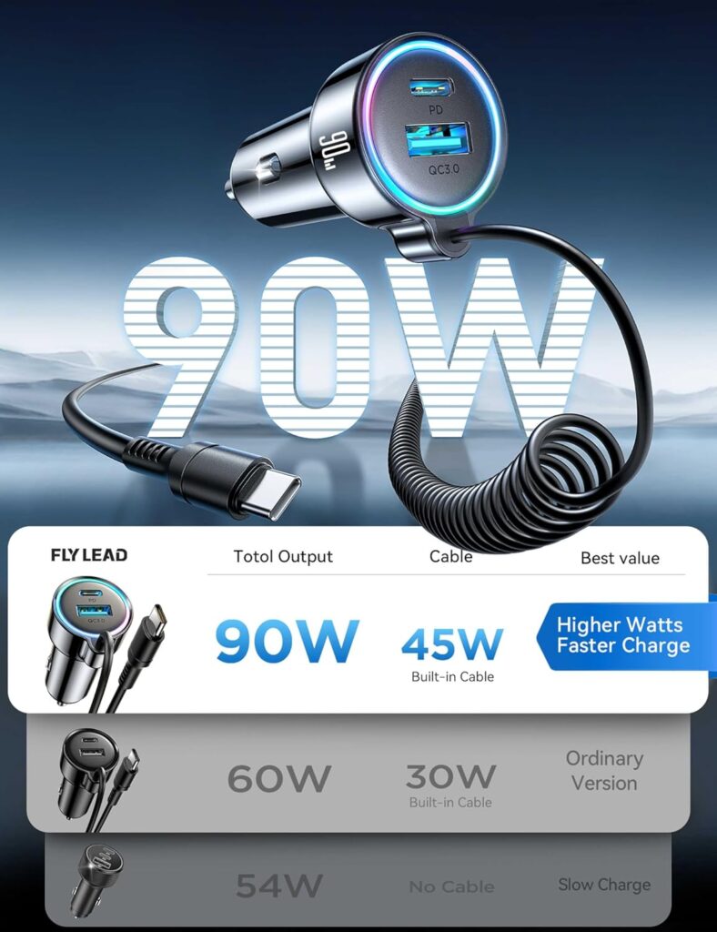 USB C 90W Car Charger for iPhone 17/16 Pro Max, PD  QC3.0 w/5 ft 45W Type Coiled Cable, Fast Car Phone Charger Adapter for iPhone 17Air/15 Pro, Samsung Galaxy S25/S24/S23, Pixel 10/LG/Android, iPad