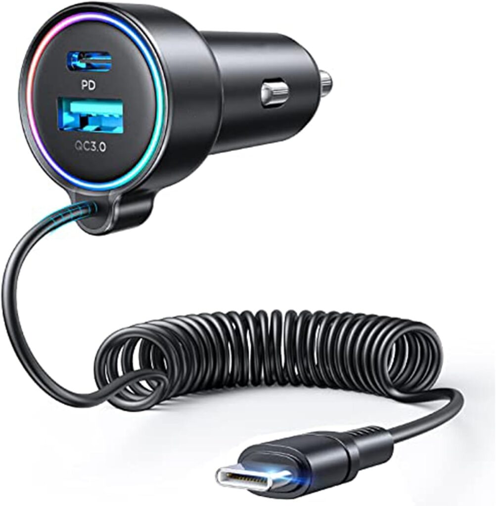 USB C 90W Car Charger for iPhone 17/16 Pro Max, PD  QC3.0 w/5 ft 45W Type Coiled Cable, Fast Car Phone Charger Adapter for iPhone 17Air/15 Pro, Samsung Galaxy S25/S24/S23, Pixel 10/LG/Android, iPad