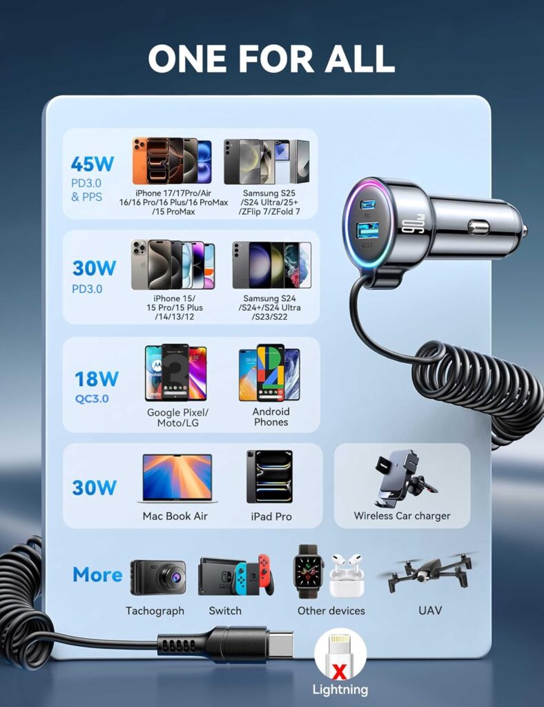 USB C 90W Car Charger for iPhone 17/16 Pro Max, PD  QC3.0 w/5 ft 45W Type Coiled Cable, Fast Car Phone Charger Adapter for iPhone 17Air/15 Pro, Samsung Galaxy S25/S24/S23, Pixel 10/LG/Android, iPad