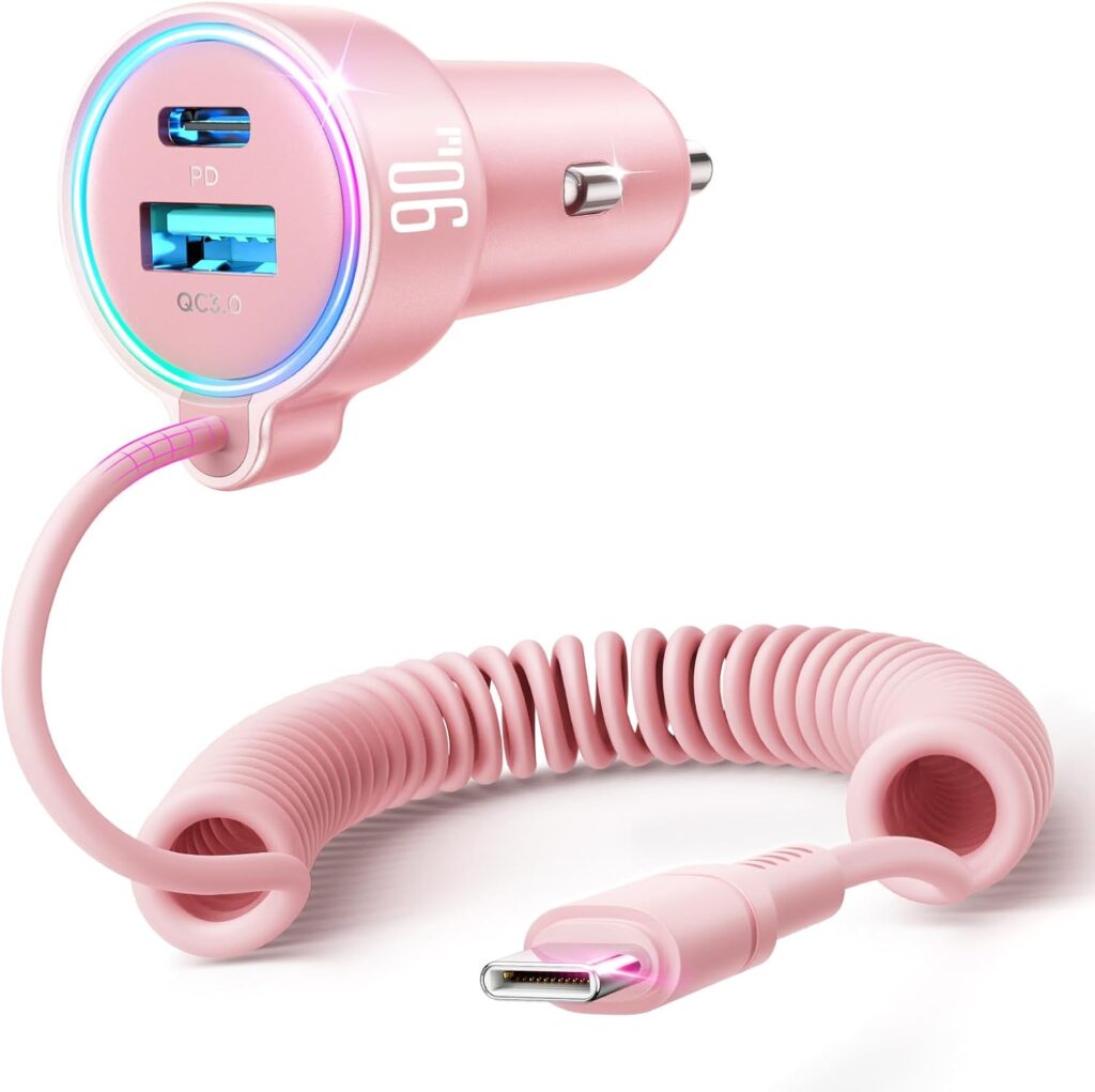 USB C 90W Car Charger for iPhone 17/16 Pro Max, PD  QC3.0 w/5 ft 45W Type Coiled Cable, Fast Car Phone Charger Adapter for iPhone 17Air/15 Pro, Samsung Galaxy S25/S24/S23, Pixel 10/LG/Android, iPad