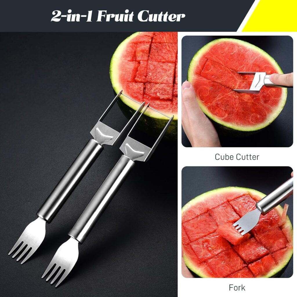 2Pcs Watermelon Fork Slicer Cutter 2-in-1 Stainless Steel Fruit Cutter, Watermelon Cutter Slicer Tool Portable Watermelon Slicer Dual Head Fruit Forks for Home Party Camping Kitchen Gadget