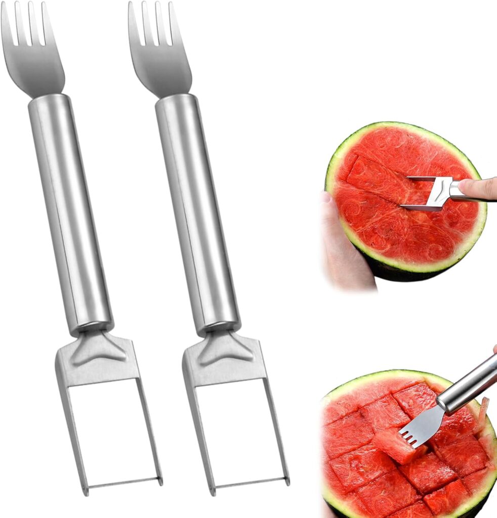 2Pcs Watermelon Fork Slicer Cutter 2-in-1 Stainless Steel Fruit Cutter, Watermelon Cutter Slicer Tool Portable Watermelon Slicer Dual Head Fruit Forks for Home Party Camping Kitchen Gadget