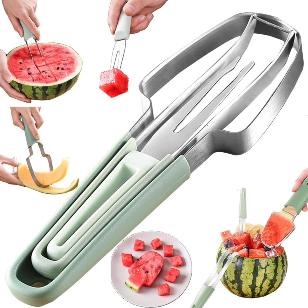 3-in-1 Watermelon Cutter Slicer Fork, Portable Fruit Slicer Cutter Knife and Watermelon Cube Stainless Steel Popsicle Melon Cutter for Kitchen Gadgets