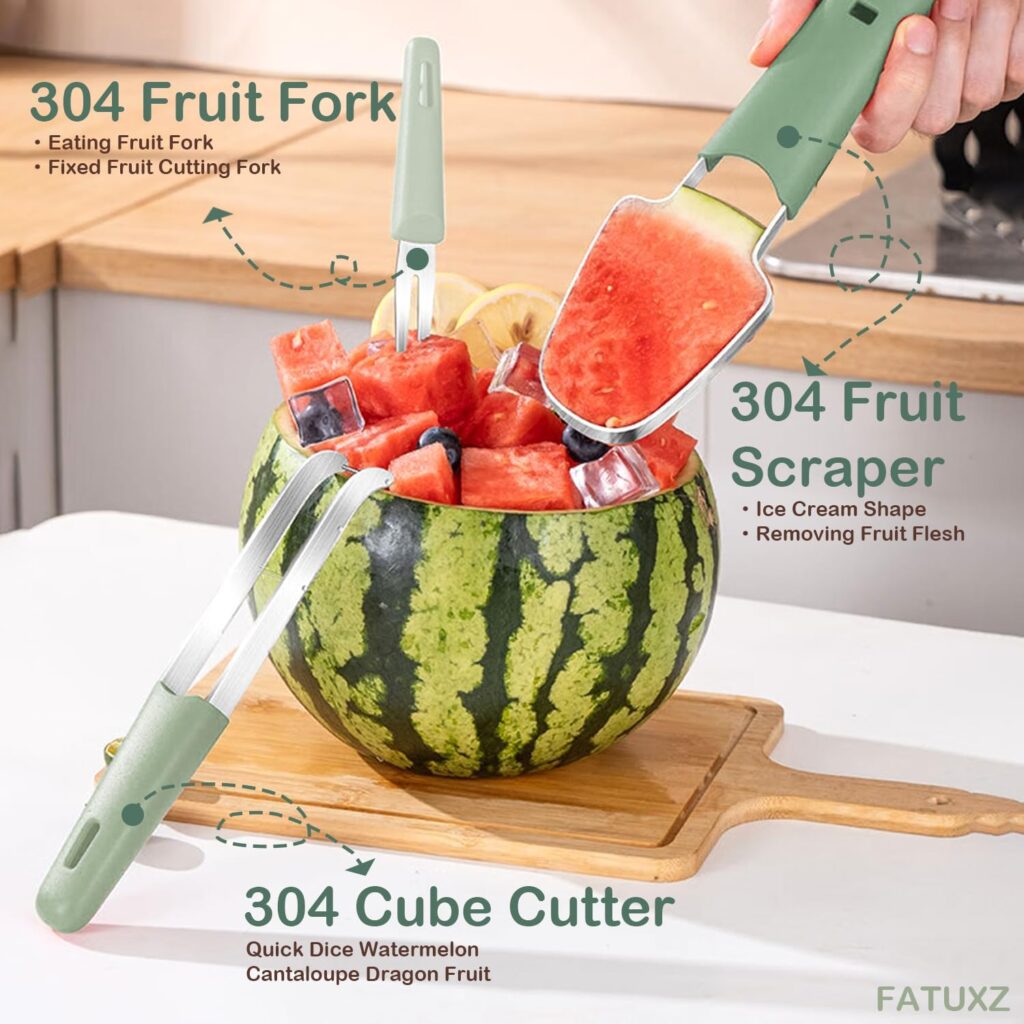 3-in-1 Watermelon Cutter Slicer Fork, Portable Fruit Slicer Cutter Knife and Watermelon Cube Stainless Steel Popsicle Melon Cutter for Kitchen Gadgets