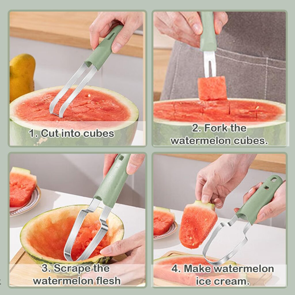 3-in-1 Watermelon Cutter Slicer Fork, Portable Fruit Slicer Cutter Knife and Watermelon Cube Stainless Steel Popsicle Melon Cutter for Kitchen Gadgets