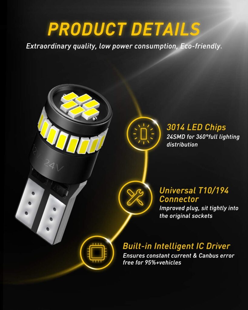 AUXITO LED Bulbs for License Plate Light W5W T10 24-SMD Chipsets 6000K White for Car Dome Door Map Dash Courtesy Cargo License Plate Lights, Pack of 2