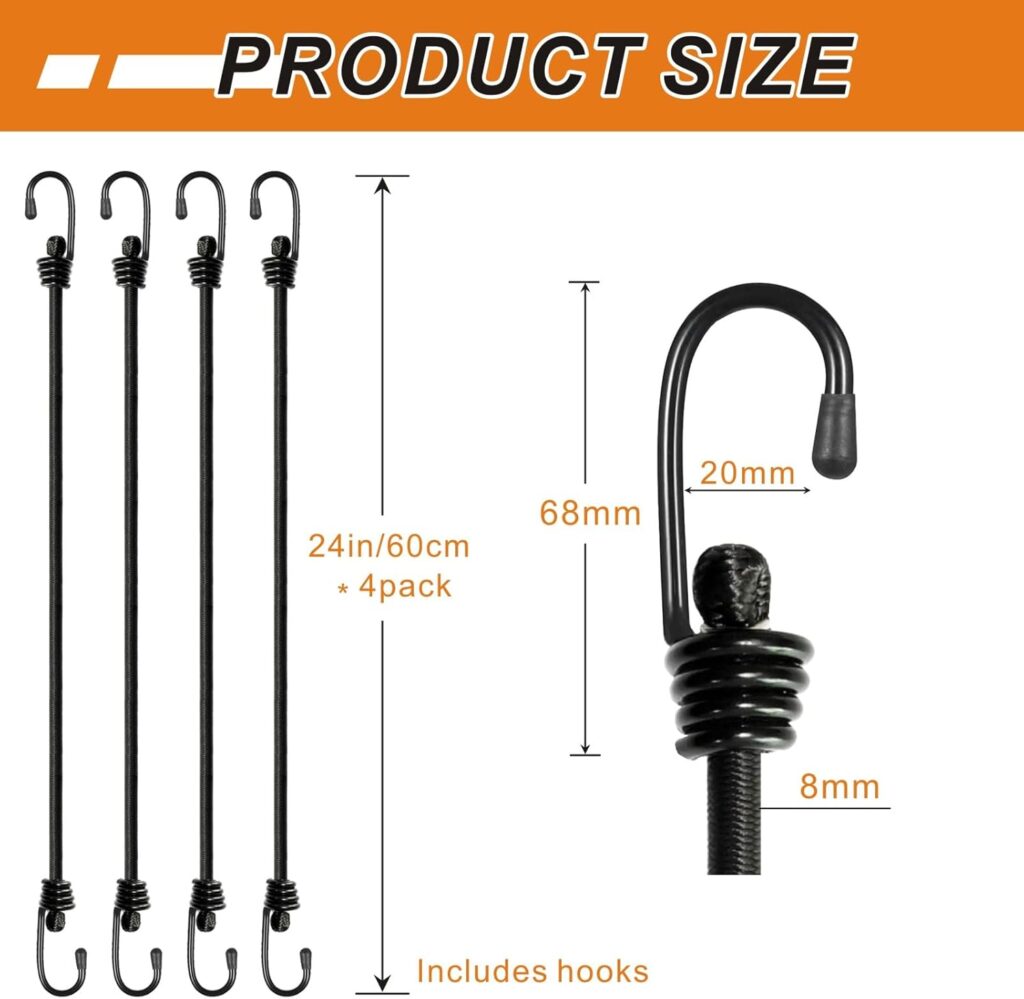 BEXSLE Bungee Cords with Hooks, Heavy Duty Outdoor Elastic Bungee Straps,No Odour Industrial Grade Bungee Rope for Securing Tarps, Luggage, Tents, Bikes or Garden Tidying 24inch 4Pcs (Black) BEXSLE Bungee Cords with Hooks, Heavy Duty Outdoor Elastic Bungee Straps,No Odour Industrial Grade Bungee Rope for Securing Tarps, Luggage, Tents, Bikes or Garden Tidying 24inch 4Pcs (Black)