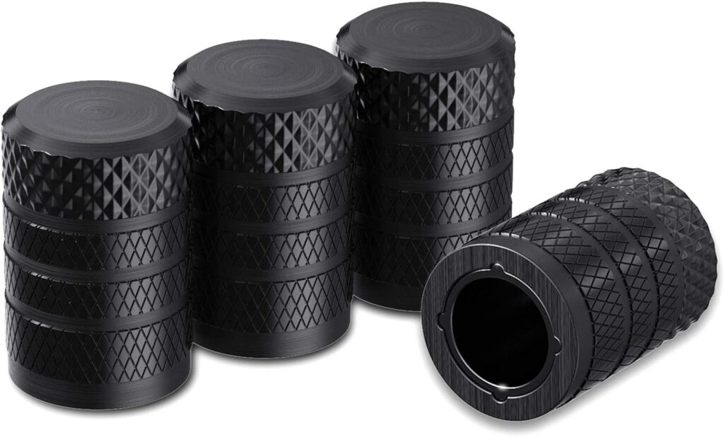 CKAuto Tire Valve Stem Caps, Black, pcs/Pack, Anodized Aluminum Tire Valve Cap Set, Corrosion Resistant, Universal Stem Covers for Cars Trucks Motorcycles SUVs and Bikes