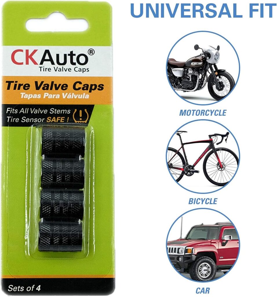 CKAuto Tire Valve Stem Caps, Black, pcs/Pack, Anodized Aluminum Tire Valve Cap Set, Corrosion Resistant, Universal Stem Covers for Cars Trucks Motorcycles SUVs and Bikes