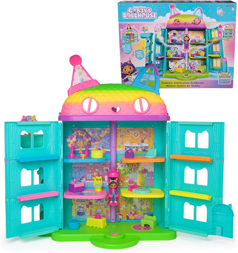 DREAMWORKS GABBYS DOLLHOUSE, Pc Celebration Dollhouse, 25-Inches Tall, with Toy Figures, Doll House Furniture Sounds, Kids Toys for Girls  Boys Ages 3+