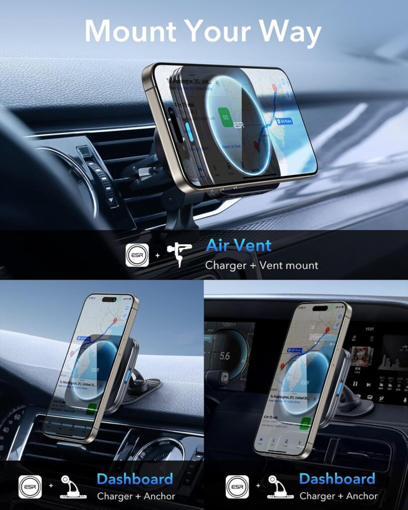 ESR for MagSafe Car Mount Charger,15W Magnetic Wireless Car Charger, for MagSafe Car Charging, Air Vent Dashboard Phone Holder Mount for iPhone Air Pro Max 12, Galaxy S25, Fast Charging ESR for MagSafe Car Mount Charger,15W Magnetic Wireless Car Charger, for MagSafe Car Charging, Air Vent Dashboard Phone Holder Mount for iPhone Air Pro Max 12, Galaxy S25, Fast Charging