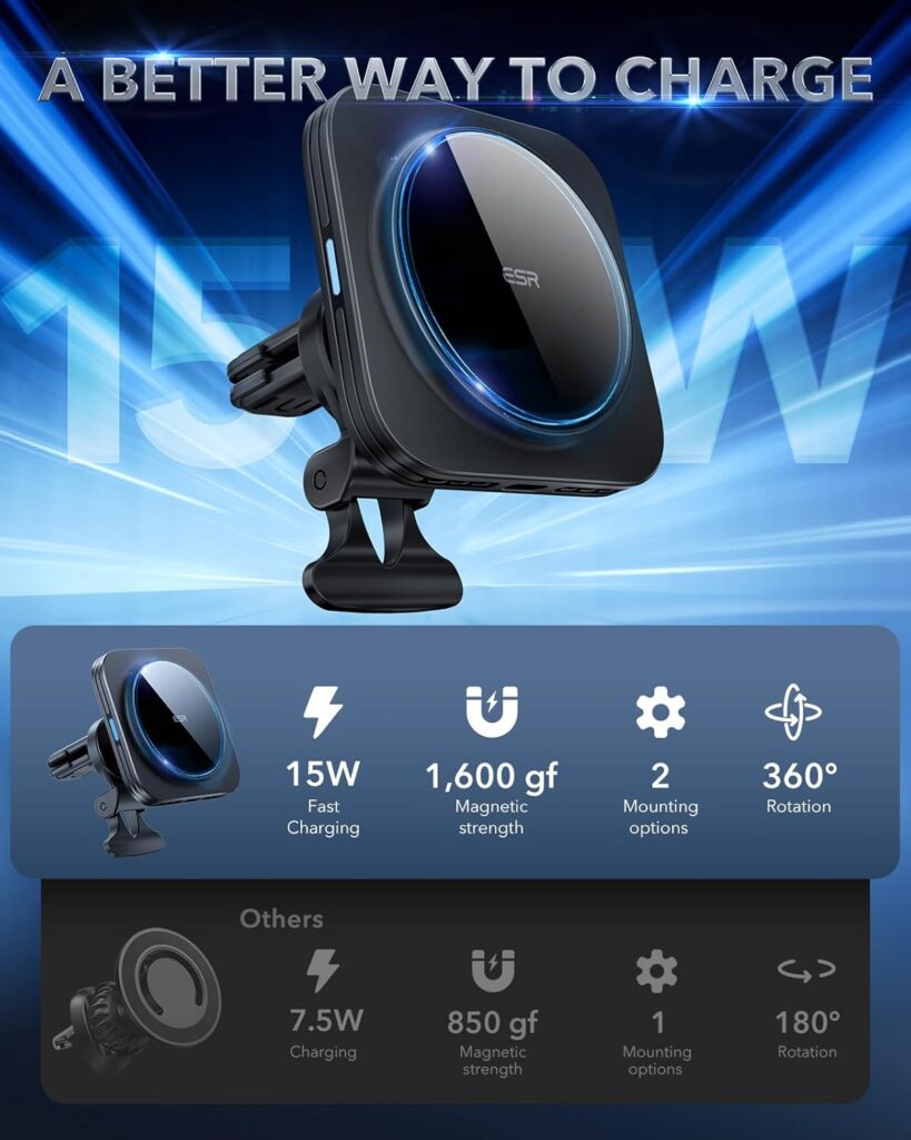 ESR for MagSafe Car Mount Charger,15W Magnetic Wireless Car Charger, for MagSafe Car Charging, Air Vent Dashboard Phone Holder Mount for iPhone Air Pro Max 12, Galaxy S25, Fast Charging ESR for MagSafe Car Mount Charger,15W Magnetic Wireless Car Charger, for MagSafe Car Charging, Air Vent Dashboard Phone Holder Mount for iPhone Air Pro Max 12, Galaxy S25, Fast Charging
