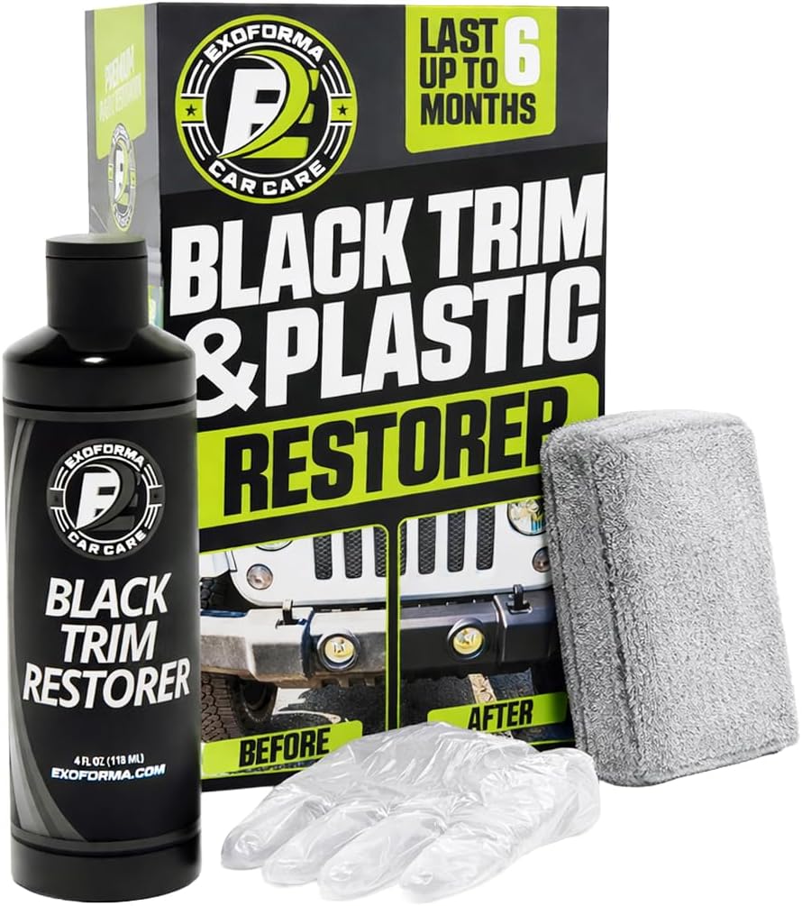 ExoForma Black Trim Restorer - Lasts 6+ Months, Dye Infused Waterproof Plastic Restorer for Cars - Perfect for Faded Bumpers, Trim  Vinyl on Jeeps, Truck Beds, Avalanches  ATVs | 4oz Kit