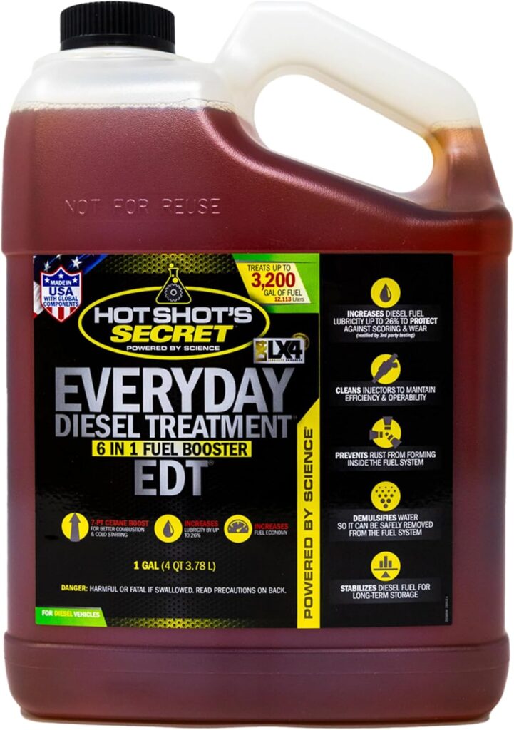 Hot Shot’s Secret Everyday Diesel Treatment EDT oz Squeeze – Treats Gallons – 6-in-1 Diesel Fuel Additive, Injector and Fuel System Cleaner, Boosts Cetane