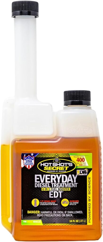 Hot Shot’s Secret Everyday Diesel Treatment EDT oz Squeeze – Treats Gallons – 6-in-1 Diesel Fuel Additive, Injector and Fuel System Cleaner, Boosts Cetane